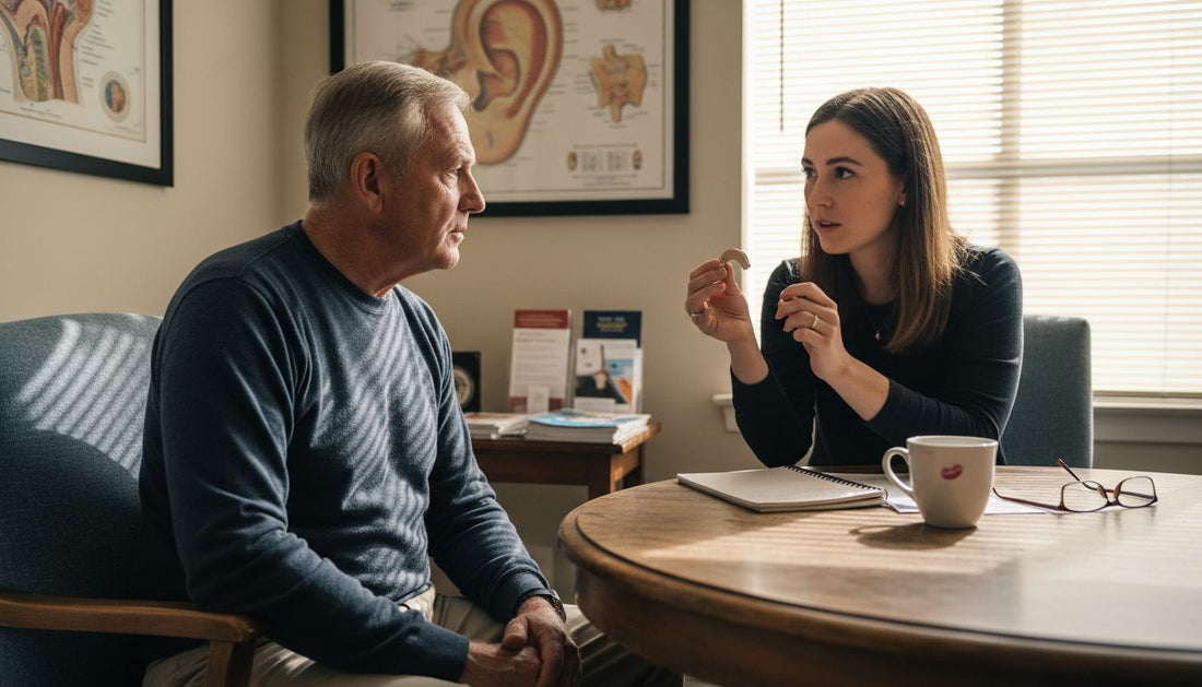 Audiologist explaining digital hearing aid