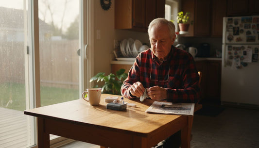 Man cleaning hearing aids in sunlit kitchen