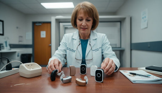 Six types of rechargeable hearing aids on clinic table