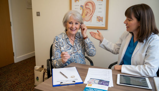 Senior woman trying hearing aid in clinic