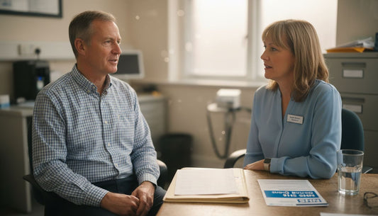 Older man consulting audiologist in UK clinic