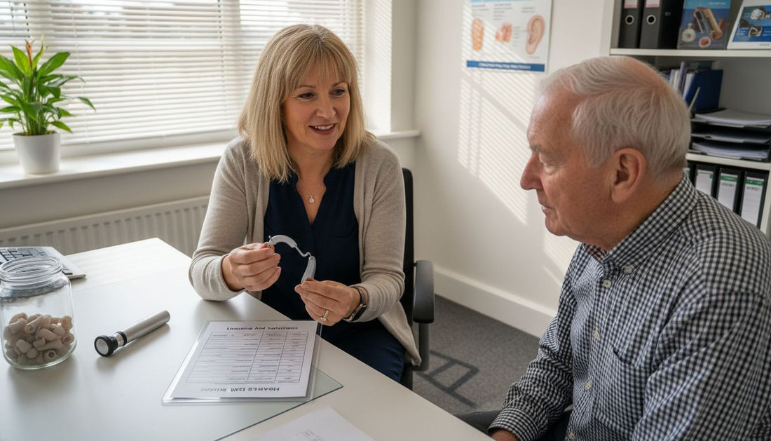 Audiologist showing hearing aid in clinic