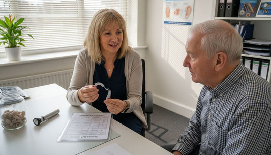 Audiologist showing hearing aid in clinic