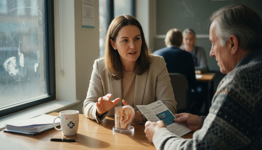 Audiologist explains hearing aids in clinic office