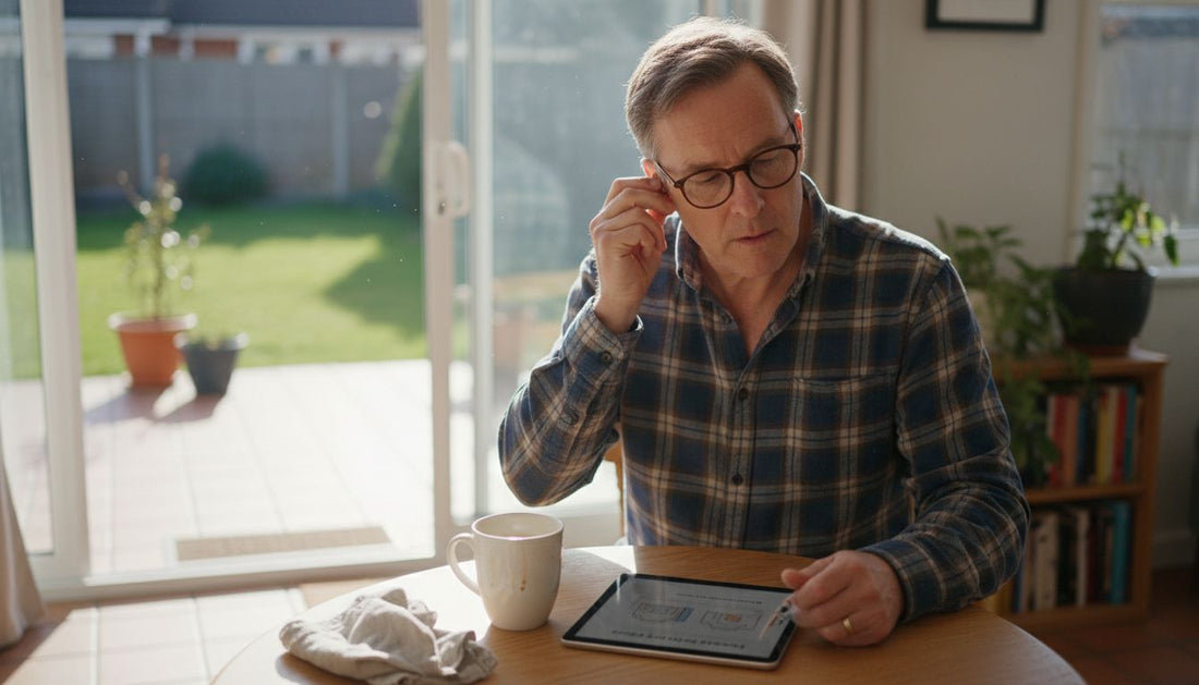Man fits hearing aid at home kitchen table