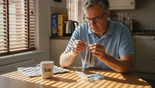 Man cleaning hearing aid at kitchen table