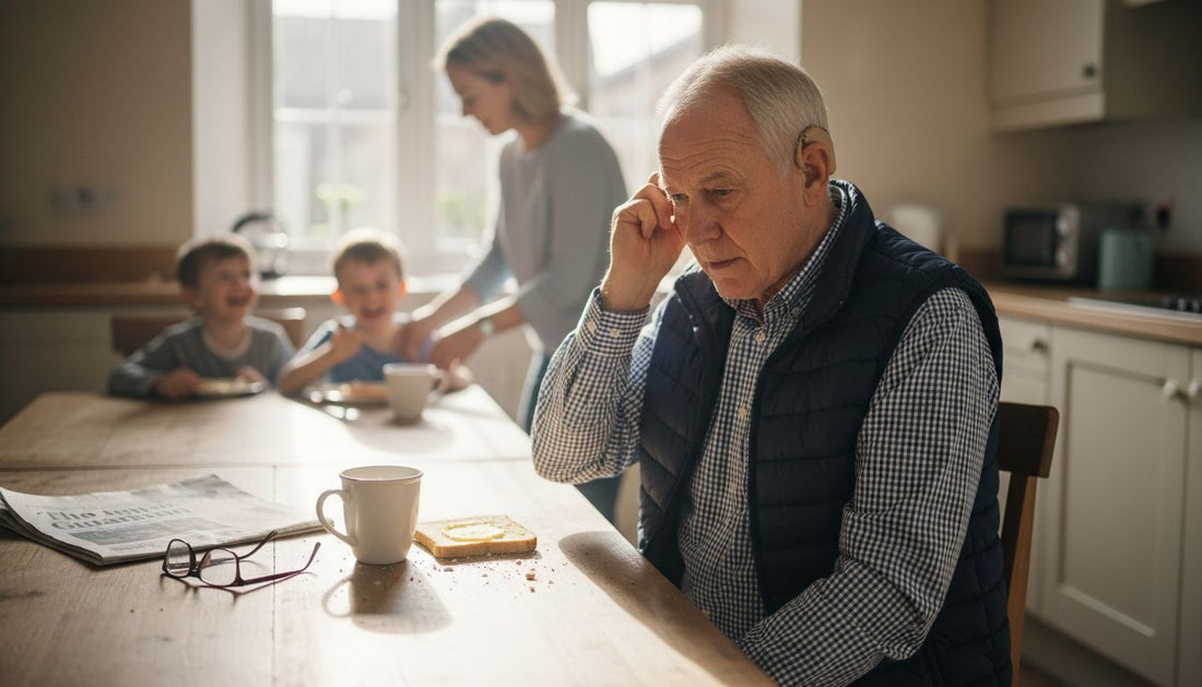 Older man adjusting hearing aid at breakfast table