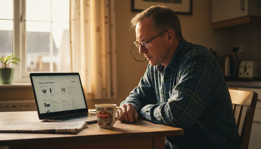 Man reviewing hearing aids on laptop in UK home