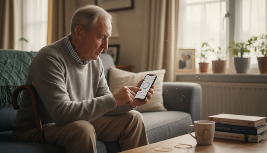 Older man adjusting hearing aid via smartphone
