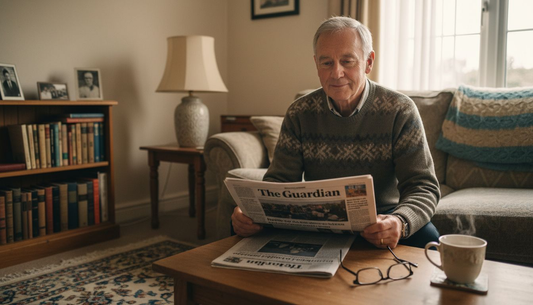 Man using digital hearing aids reading newspaper