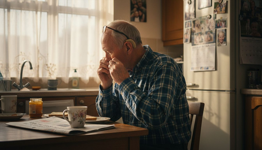 Senior man inserting hearing aid at kitchen table