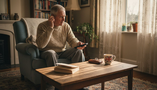 Older man adjusting hearing aid in warm living room