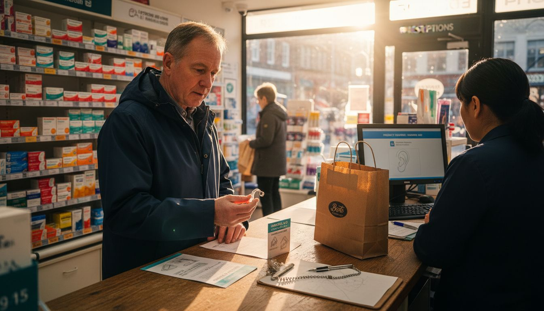 Man examining over-the-counter hearing aid at pharmacy