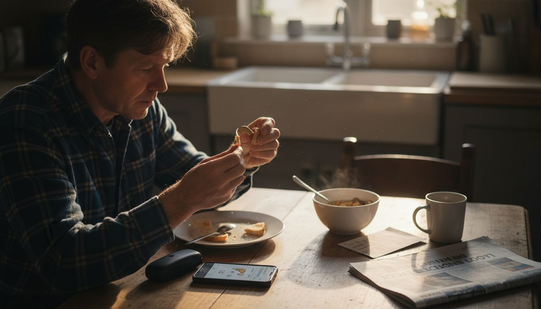 Man adjusting hearing aids at kitchen table