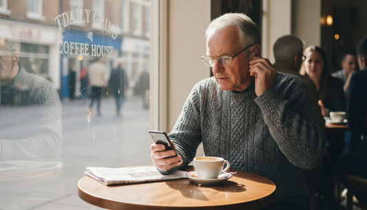 Mature man using smart hearing aid in busy café