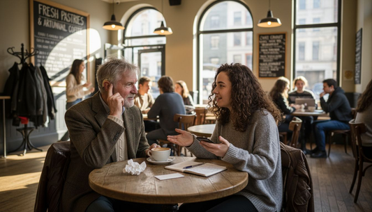 Senior man uses hearing aid in busy cafe