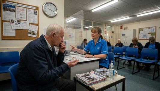 Elderly man discussing hearing aid at clinic