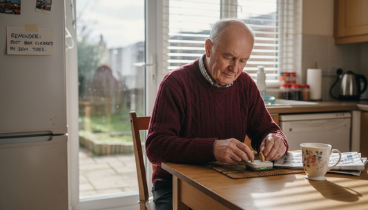 Senior placing hearing aids in charger