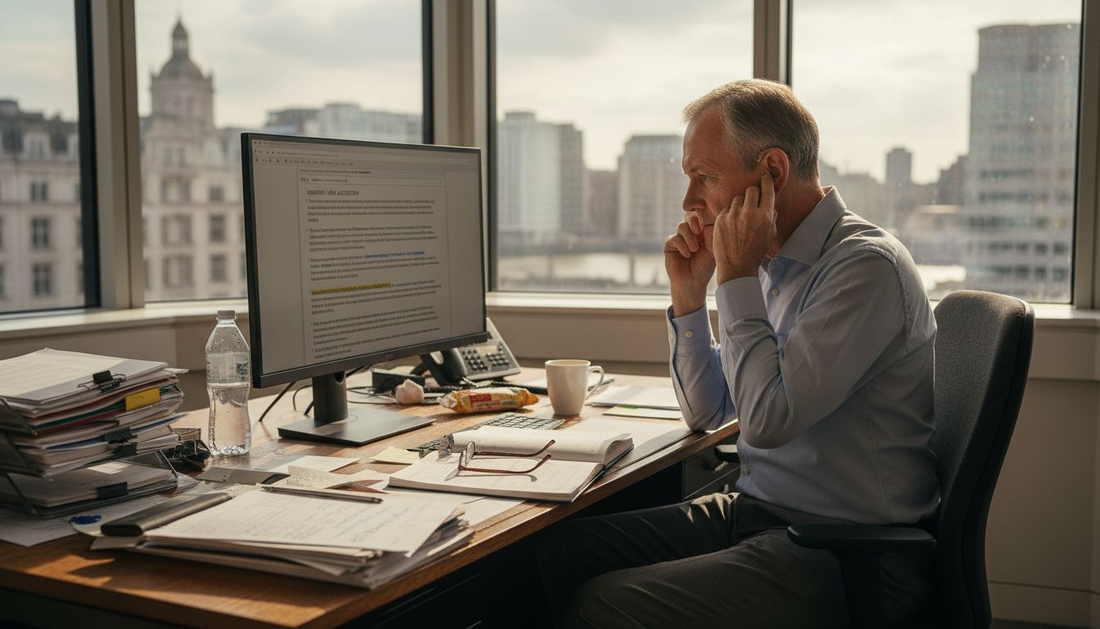 Older man adjusting hearing aid at desk