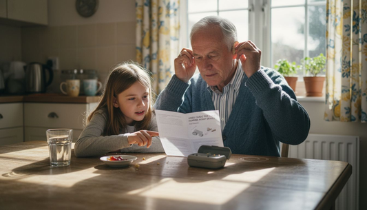 Grandparent and grandchild setting up hearing aid