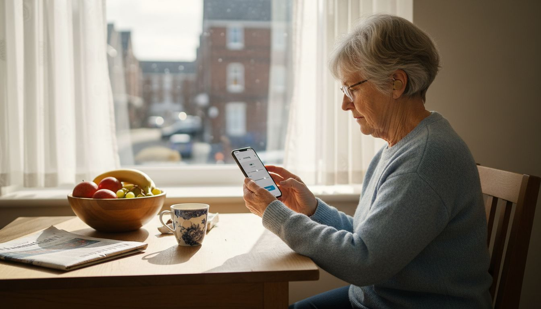 Older woman adjusts hearing aid app in kitchen