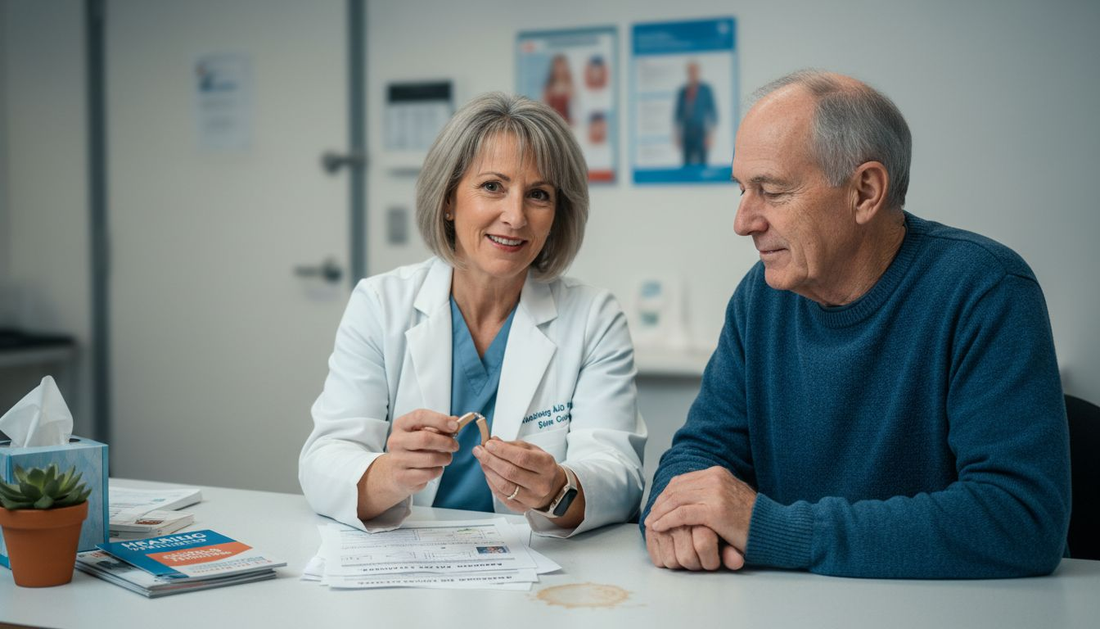 Audiologist reviewing hearing aids with patient
