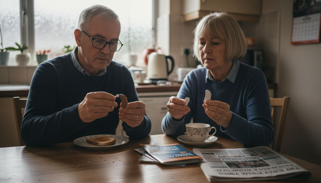 Older adults comparing hearing aids at kitchen table