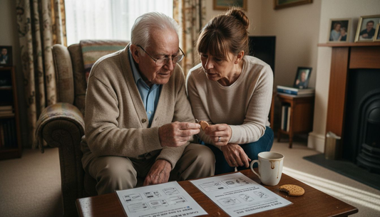 Caregiver teaching elderly man hearing aid use