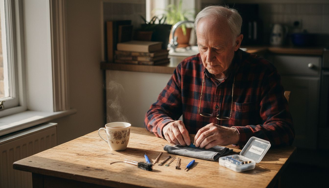 Elderly man setting up hearing aid cleaning supplies
