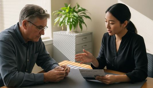 Man consulting audiologist about hearing aids