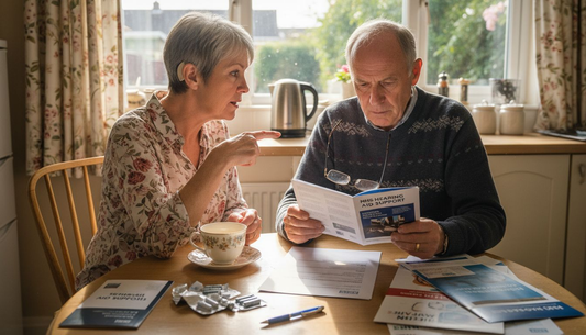 Older adults reviewing hearing aid options at home