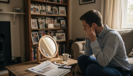 Young man adjusting discreet hearing aid in living room