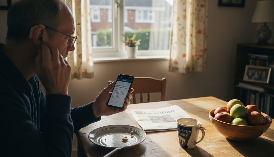 Man adjusting hearing aid with smartphone app