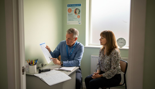 Audiologist consults patient in UK clinic