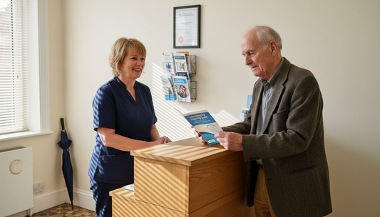 Reception area at hearing clinic with patient