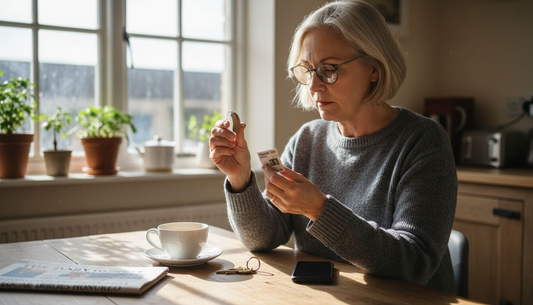 Woman handling hearing aid batteries at breakfast