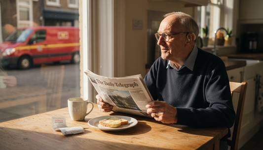 Elderly man wears open fit hearing aid