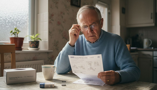 Older man fitting hearing aid at kitchen table