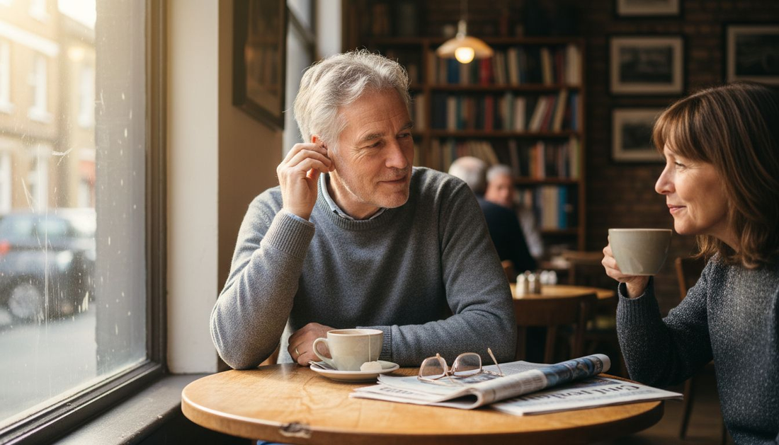Older UK man adjusting hidden hearing aid in café