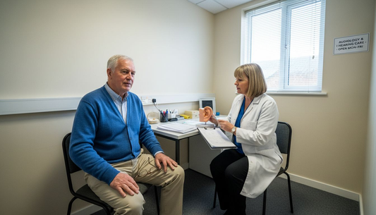 Older man consulting audiologist about hearing test