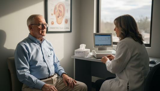Older man receives hearing test at clinic
