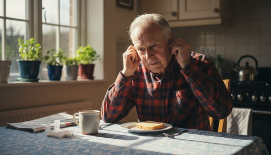 Older man inserting hearing aid at breakfast table